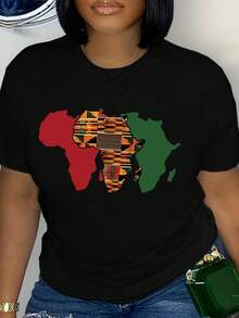 Map Print Round Neck T-Shirt, Spring Summer Casual Short Sleeve T-Shirt, Women's Clothing-X - Black - View 7