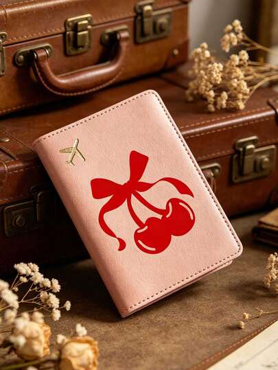 1pc Travel Essential Passport Holder, Cherry & Bow Design, Made Of Faux Leather. Elegant Travel Passport Cover, Suitable As A Fashionable Birthday Gift. Available In Yellow, Blue, Pink, Black, White, 5 Color Options. Minimalist Passport Wallet For Passport Holder
