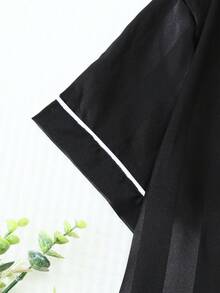2件組女款春夏緞面條紋短袖翻領上衣與蝴蝶結短褲睡衣套裝 - 黑色 - 查看 6