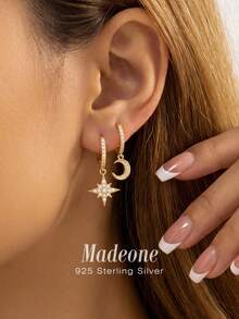 MADEONE 1 Pair 925 Sterling Silver Star & Moon Cubic Zirconia Earrings, Elegant Creative Earrings For Women, Suitable For Daily Wear, Dates Or Parties, A Lovely Jewelry Gift For Her - Stars and Moon - View 3