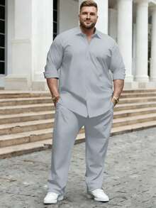 Big & Tall Men's Minimalist Solid Gray 2-Piece Shirt & Pants Set, Plus Size 2-Piece Casual Set - 淺灰色 - 查看 4