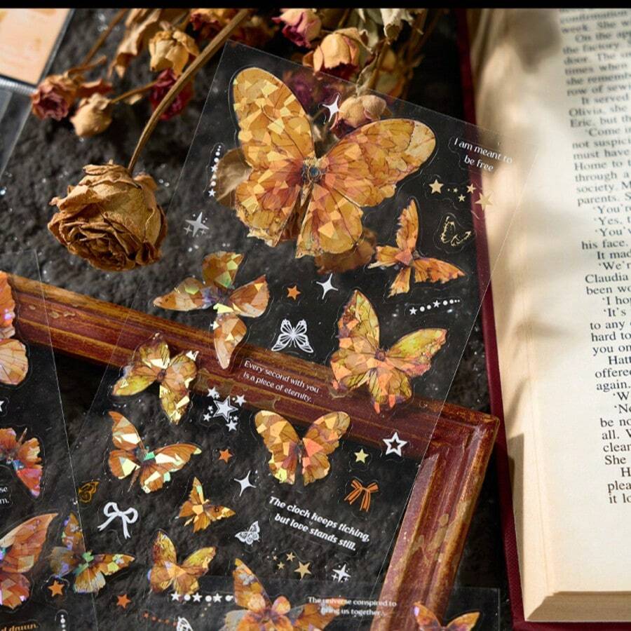 全息蝴蝶PET贴纸，激光炫彩贴花，闪亮贴纸，适用于剪贴簿、日记和计划本 - 彩色 - 查看 1