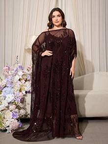 Bata larga de talla grande con cuello asimétrico y mangas de murciélago, decorada con lentejuelas de color contrastante y detalles de volantes plisados, vestido formal elegante marrón - Marrón - Ver 5