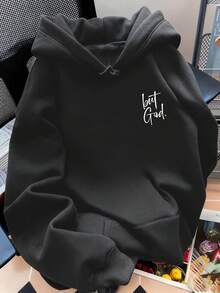 新款女式秋冬連帽衛衣，印有「But God」圖案，柔軟舒適，抓絨內裡，休閒秋季上衣 - 深灰色 - 查看 2