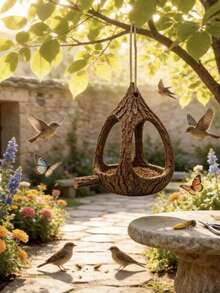 1pc Brown Tree Bark Texture Water Drop Shaped Hanging Bird Feeder, Rustic Faux Wood Resin Bird Feeding Dish With Perch And Hemp Rope, Hollow Tree Trunk Design Wild Bird Food Storage Container, Tree Hanging Garden Patio Spring Summer Outdoor Wildlife Decor Gift - Tree - View 4