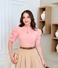 Women's Dressy Blouse With Puff Sleeves And Two Buttons. - Hồng - Xem 3