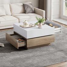 Functional Coffee Table, Living Room Table, 360° Rotating Top With 2 Shelves And Storage Cabinet, Side Table With Walnut Frame For The Living Room, White, 60*60*38cm - Natural White - View 6
