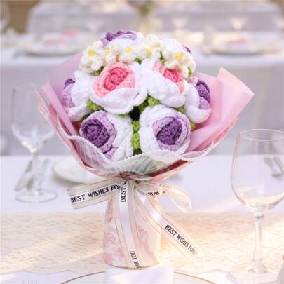 1 Bó hoa móc len, Bó hoa hồng móc thủ công, Quà tặng ngày Valentine