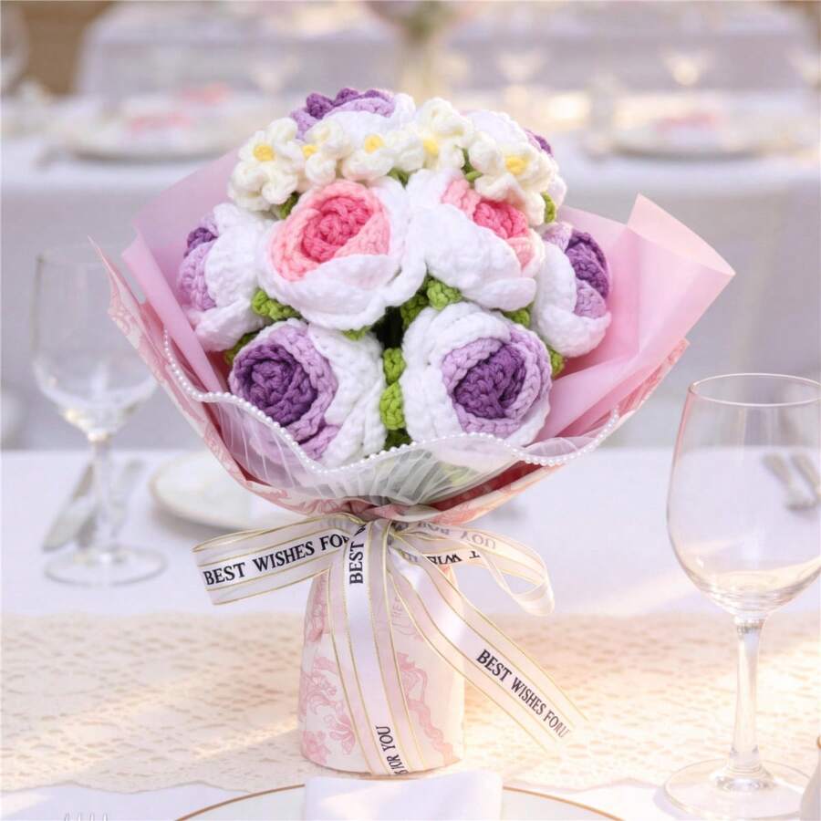 1 Bó hoa móc len, Bó hoa hồng móc thủ công, Quà tặng ngày Valentine