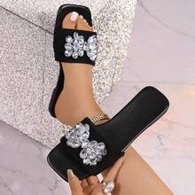 1 Pair Solid Color Basic Fabric Crystal Outdoor Party Festival Beach Holiday Sandals - Black - View 8