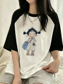 Kaos Kasual Lengan Pendek Raglan Leher Bulat Warna Kontras Gaya Y2K Terbaru untuk Gadis Imut Musim Panas - Hitam dan Putih - View 2