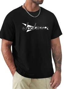 Men's Jackson Guitar Pattern T-Shirt - 100% Cotton Bold Music-Themed T-Shirt, Featuring Iconic Band Lettering And Logo, Lightweight And Breathable Short-Sleeve Shirt, Suitable Casual Wear And Music Lovers, Comfortable All Seasons, Machine Washable (Ideal Gift Fans) - Black With White Design, Round Neck, Regular Fit, Geometric Print, Suitable Adults, Casual Apparel Inspired By The Iconic Jackson Brand Logo - trắng - Xem 1