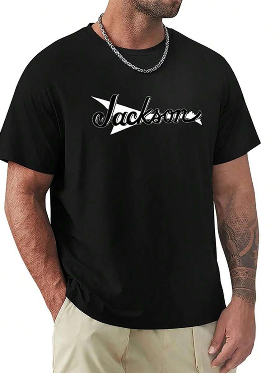 Men's Jackson Guitar Pattern T-Shirt - 100% Cotton Bold Music-Themed T-Shirt, Featuring Iconic Band Lettering And Logo, Lightweight And Breathable Short-Sleeve Shirt, Suitable Casual Wear And Music Lovers, Comfortable All Seasons, Machine Washable (Ideal Gift Fans) - Black With White Design, Round Neck, Regular Fit, Geometric Print, Suitable Adults, Casual Apparel Inspired By The Iconic Jackson Brand Logo - trắng - Xem 1