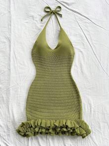 Solid Color Halter Tie Back Vacation Ruffle Trim Backless Knit Dress - 黑色 - 查看 7