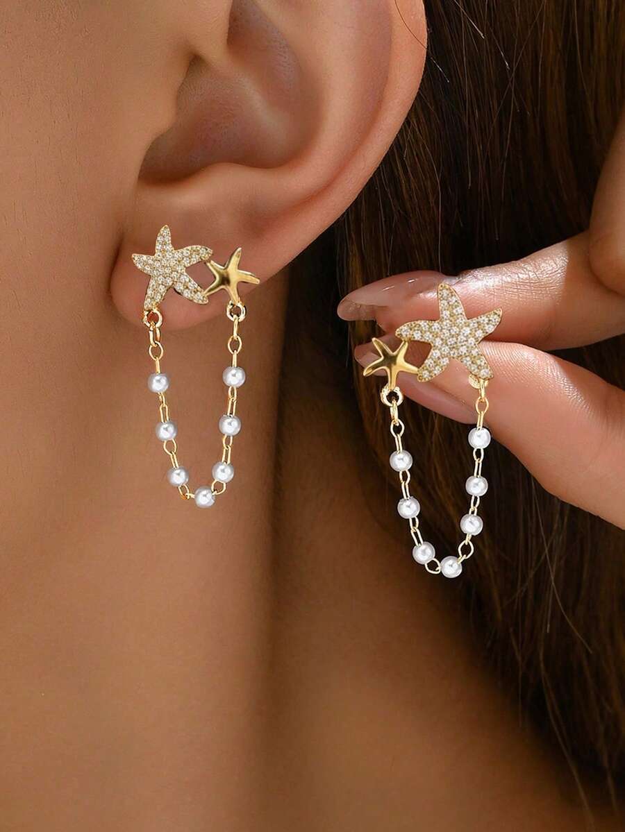 1 Pair Delicate Shiny Star & Shell Beaded Pearl Earrings, Random Design, Versatile For Party, Gift, Daily Wear - Gold - View 1