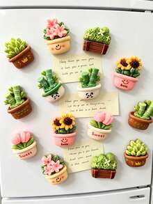 12pcs/6pcs/3pcs Mini Colorful Plant Fridge Magnets - Sunflower Potted Plant Home Kitchen Decor, Resin Fridge Magnets Office Spring Festival Holiday Gift Set - Multicolor - View 4