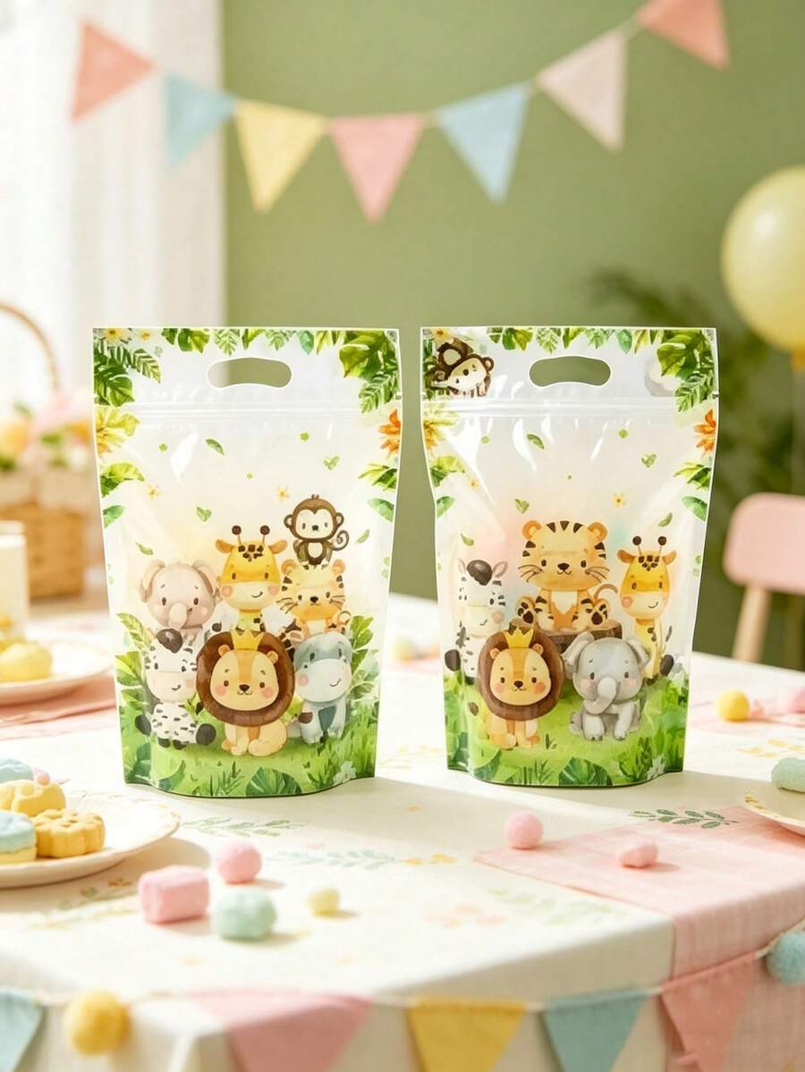 25 túi quà chủ đề động vật rừng nhiệt đới - Thiết kế kín: Những túi quà này mang chủ đề rừng nhiệt đới với những hình minh họa đáng yêu về nhiều loài động vật khác nhau như voi, sư tử và thỏ. - Một kích cỡ phù hợp cho tất cả - Xem 1