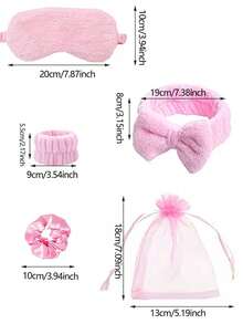 Bộ quà tặng tiệc ngủ 6 món - Bao gồm 1 băng đô, 2 vòng đeo tay, 1 mặt nạ ngủ, 1 dây buộc tóc và 1 túi vải organza. Bộ quà tặng spa và chăm sóc sức khỏe chủ đề màu hồng này có điểm nhấn là những chiếc nơ xinh xắn trên băng đô. - Hồng - Xem 3