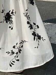 EARO Elegant Black & White Floral Pattern Long Layered Skirt, Fashionable Versatile Charming Slimming - Apricot - View 5
