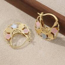 一对优雅简约格纹镂空新月波浪耳环，适合派对、聚会和日常佩戴，完美的节日礼物（金色） - 彩色 - 查看 1