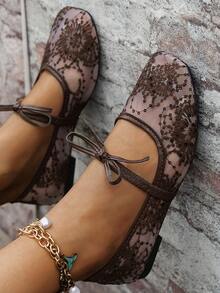 Bow Square Toe Women's Flat Shoes, Knitted Casual Ballet Shoes, Plus Size, Comfortable Slip-On Loafers, Bohemian Style, Black, Coffee, Spring/Autumn Lace Flat Shoes, European And American Large Size, Summer Outdoor Casual Shoes, Walking Shoes, Women's Casual Flat Shoes, Slouchy Shoes, Hollow Bowknot Ladies Shoes, Elegant White Women's Flat Shoes, Floral - A08 Coffee Color - View 3