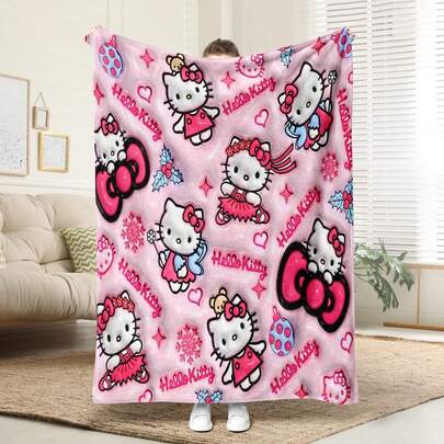 SANRIO 1pc Comfortable 3D Inflatable Christmas Hello Kitty Pattern Flannel Blanket, Soft Polyester Knitted Design, Suitable For Multiple Uses, Machine Washable, Bedding, A Fluffy Blanket And Leisure Blanket, Ideal Gift For Home, Travel, Outdoor, All Seasons, Perfect For Sofa, Bed, Office Or Travel, Watching Movies, Napping, Bedroom, Office, Car, Providing You Warmth, Soft And Cozy Blanket, A Companion That Silently Accompanies You And Gives You Warmth, 2D Stereoscopic Hello Kitty Blanket