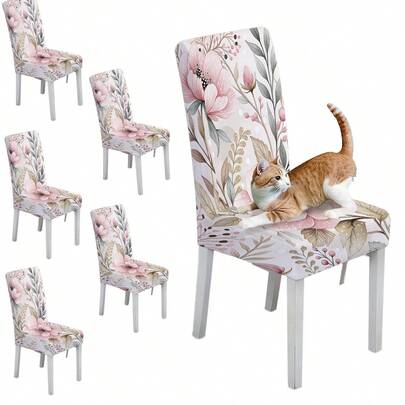 1pc/2pcs/4pcs/6pcs/30pcs Watercolor Floral Print Stretch Chair Cover, Vintage Floral Slipcover, Dirt-Resistant Protective Chair Seat Cover, Healing Home Decor