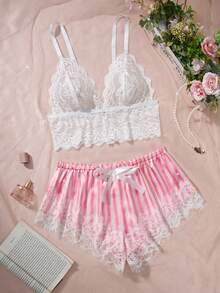 Women Stripe Sheer Lace Triangle Bra & Bow Satin Shorts Lingerie Set Exotic Sweet Romantic Sleepwear Silky Soft Underwear For Boudoir Valentine Night - Pink - View 4