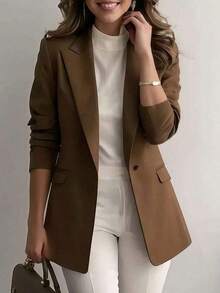Chaqueta de blazer de unicolor con solapa para mujer, de manga larga con botones y bolsillos, adecuada para otoño, invierno y primavera.Chaqueta de oficina de manga larga, prenda exterior versátil para negocios y hogar, apta para otoño, invierno y primavera - Marrón - Ver 1