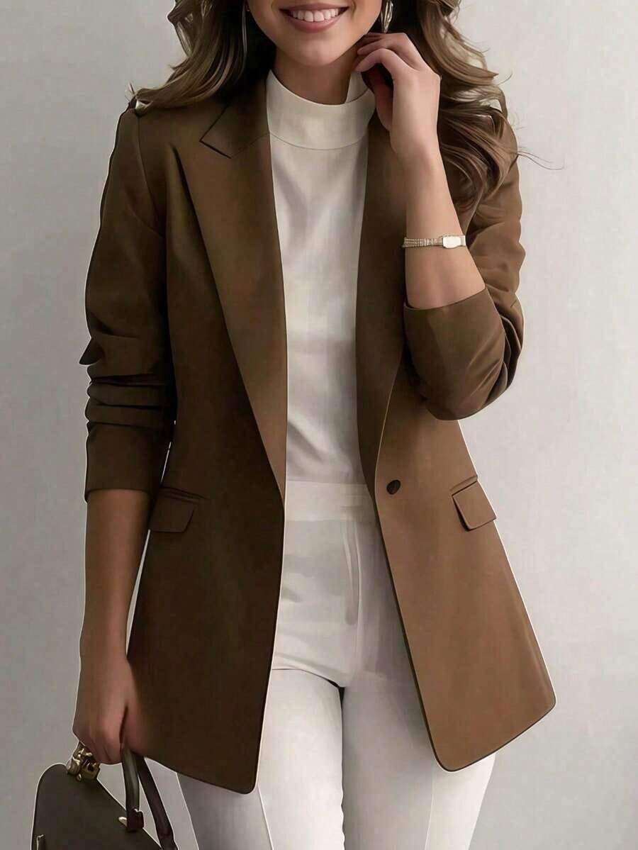 Chaqueta de blazer de unicolor con solapa para mujer, de manga larga con botones y bolsillos, adecuada para otoño, invierno y primavera.Chaqueta de oficina de manga larga, prenda exterior versátil para negocios y hogar, apta para otoño, invierno y primavera - Marrón - Ver 1