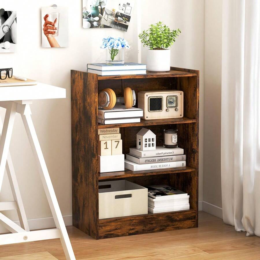 3-Tier Wooden Bookcase Adjustable Shelves Storage Shelf For Home Office - Marrón rústico - Ver 1