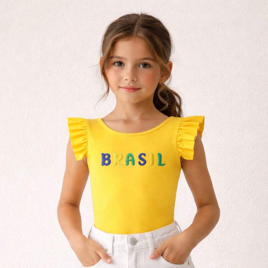 Brazilian Girl's Bodysuit, Fan Theme, Children's/Teenager's Size, Ruffled, World Cup Design, New Release, Suplex Fabric, No Closure, Comfort And Quality - Yellow Brazil - View 1