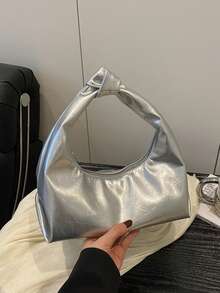 时尚百搭纯色新款PU单肩包，休闲简约纹理法棍小手提包，女士 - 銀色 - 查看 7