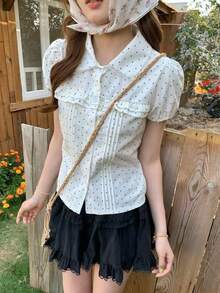 Korean Style Sweet Lace Patchwork Petal Sleeve Peter Pan Collar Short Blouse T-Shirt Summer - Apricot - View 1