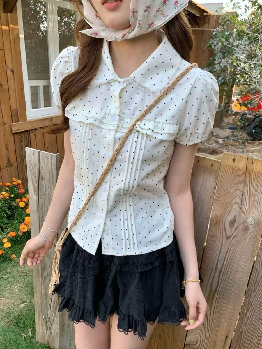 Korean Style Sweet Lace Patchwork Petal Sleeve Peter Pan Collar Short Blouse T-Shirt Summer - Apricot - View 1