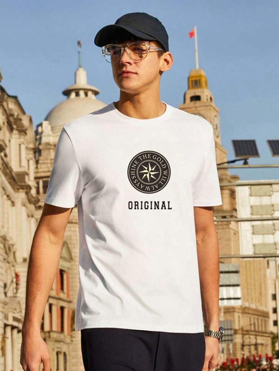 Men's Geometric Letter Casual Tops - Black - View 1