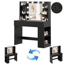 Devoko Modern Minimalist LED Vanity Table With Mirror, Black/White, 2 Drawers, 8 Open Shelves, Integrated Charging Station, 3 Light Colors With Dimmable Brightness, Flexibly Mountable Side Shelf - 查看 4