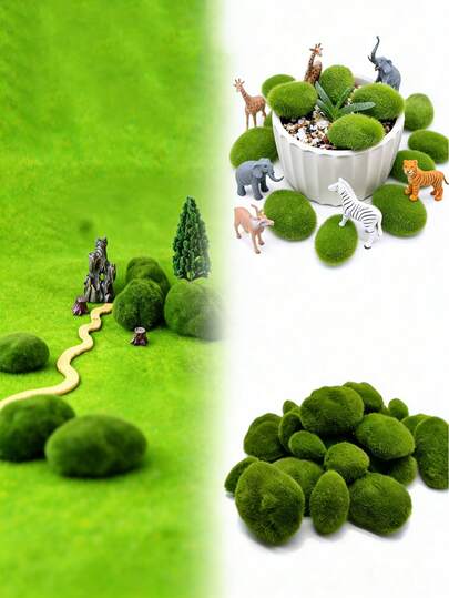 20pcs Artificial Green Moss Decorated Stones, Mini Landscape Decor, Suitable For Succulents, Cacti, Indoor Home Decor, Planter Decoration, Dollhouse Accessories, Seasonal Decor, Fairy Garden Decoration, Bedroom Decor