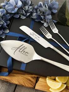 4pcs Customized Wedding Cake Cutting Set, Personalized Souvenir, Suitable For Bride, Anniversary, Engagement Couple Cake Knife & Fork Set - Multicolor - View 5