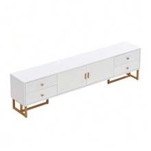 TV Unit, Low Panel With Textured Door, TV Unit With Drawers, Gold Handles And Gold Legs. - White - View 11