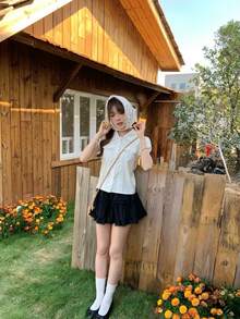 Korean Style Sweet Lace Patchwork Petal Sleeve Peter Pan Collar Short Blouse T-Shirt Summer - Apricot - View 4