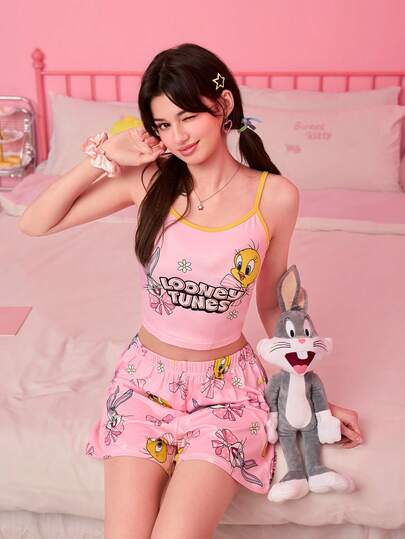 Bộ đồ ngủ hai dây và quần short in hình thỏ và vẹt mào hoạt hình màu hồng năng động, ngọt ngào dành cho bé gái, đồ mặc nhà thoải mái cho phụ nữ.