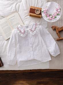 Girls' French Elegant Large Lapel Button Long Sleeve Shirt - White - View 1