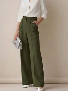 Pantalones holgados de cintura alta con pliegues, aptos para el trabajo y el uso casual, negro para primavera/verano - Verde militar - Ver 4