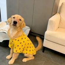 1pc Golden Retriever Paw Print T-Shirt, Loose Fit, Designed Specifically For Large Dogs Like Golden Retriever, Labrador, Samoyed, Husky, Border Collie, Alaskan Malamute, Casual And Print Design, Suitable For Spring, Summer And Autumn - Yellow - View 4