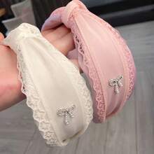 1 pieza Diadema con lazo y encaje con strass y perlas, elegante aro de pelo acolchado, dulces accesorios para el cabello - Multicolor - Ver 4