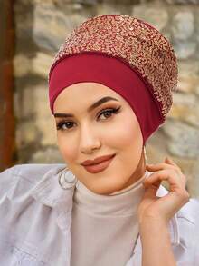1pc Women's Sequin Headband Hat, Double-Layer Elastic Beanie, Fashionable Gold Sequin Patchwork Turban Hat - Solid Color - View 6