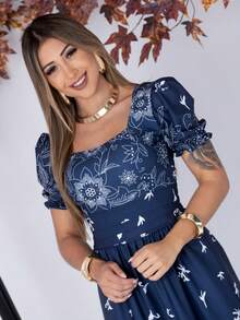 Women's Long Printed Premium Luxury Elegant Casual Party Dress With Ruffled Fabric, Perfect For Weddings, Home, Baby Showers, And Dates. - 藏蓝色 - 查看 3