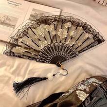 Abanico plegable de estilo chino vintage para mujeres, con encaje, rosa, flor y decoración con borlas, estilo oriental retro, portátil y plegable, adecuado para fotografía Hanfu, accesorios de cosplay, escenario de danza china, decoración de ceremonia del té, decoración del hogar y la tienda, regalo de cumpleaños, recuerdo de estilo chino, también un accesorio de verano imprescindible - A - Ver 6