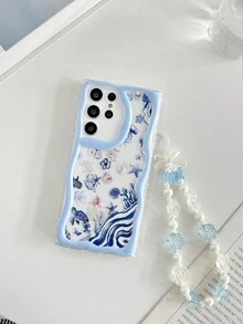 奶油色纹理波浪边亮面海星海龟印花防震手机壳，附赠串珠手链配件，兼容三星 Galaxy S26/S26 Plus/S26 Ultra、A07、A17、S25/S25 Plus/S25 Ultra、A16、A36、A26、A56、A50、A12、A32、A52、A72、A51、A21S、A13、A14、S24/S24 Plus/S24 Ultra、S22、A52、A53、A54、A55、S23、11、12 Pro、12、12X、13 Pro、14 Pro、15 Pro、10、9、Note 9、12C、Note 11 Pro、Note 8 Pro 等机型。 - 彩色 - 查看 4